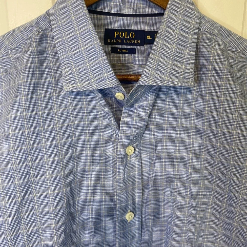 Polo Ralph Lauren XL‎ Tall Twill Blue White Glen Plaid Button Down Dress Shirt